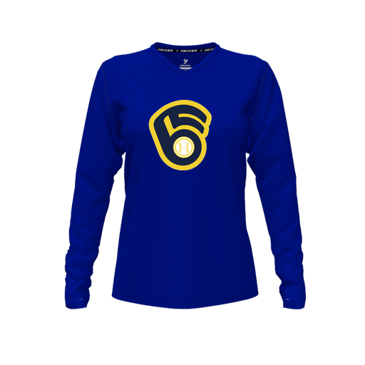 [CUS-DFW-TEES-CMF-VNK-LSL-RYL-FYXS-LOGO2] Decker Comfort T-Shirt (Female Youth XS, Royal, V Neck, Logo 2, Long Sleeve)